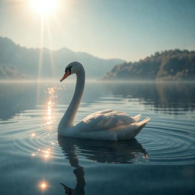 The primary subject of the image is a white swan floating on a body of water. The swan is the main focus of the image, and it appears to be enjoying its time in the water. The setting is a serene lake, with mountains visible in the background. The visual style of the image is a photo, capturing the beauty of the swan and its natural surroundings. The colors in the image are predominantly shades of blue and white, creating a calm and peaceful atmosphere.